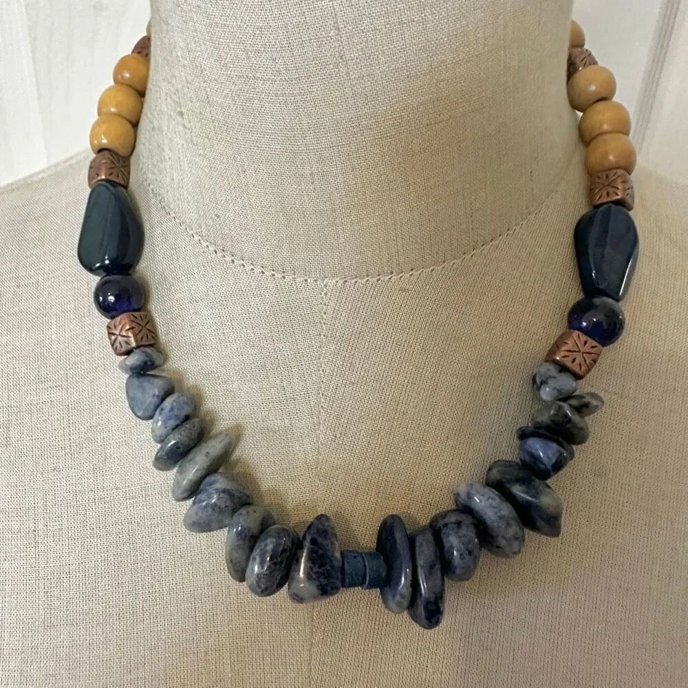 Boho Sodalite, Wood & Copper Statement Necklace